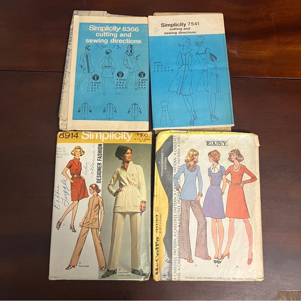 Set of 4 Vintage 1970s Women's Sewing Patterns Size 12, Bust 34 Unsearched